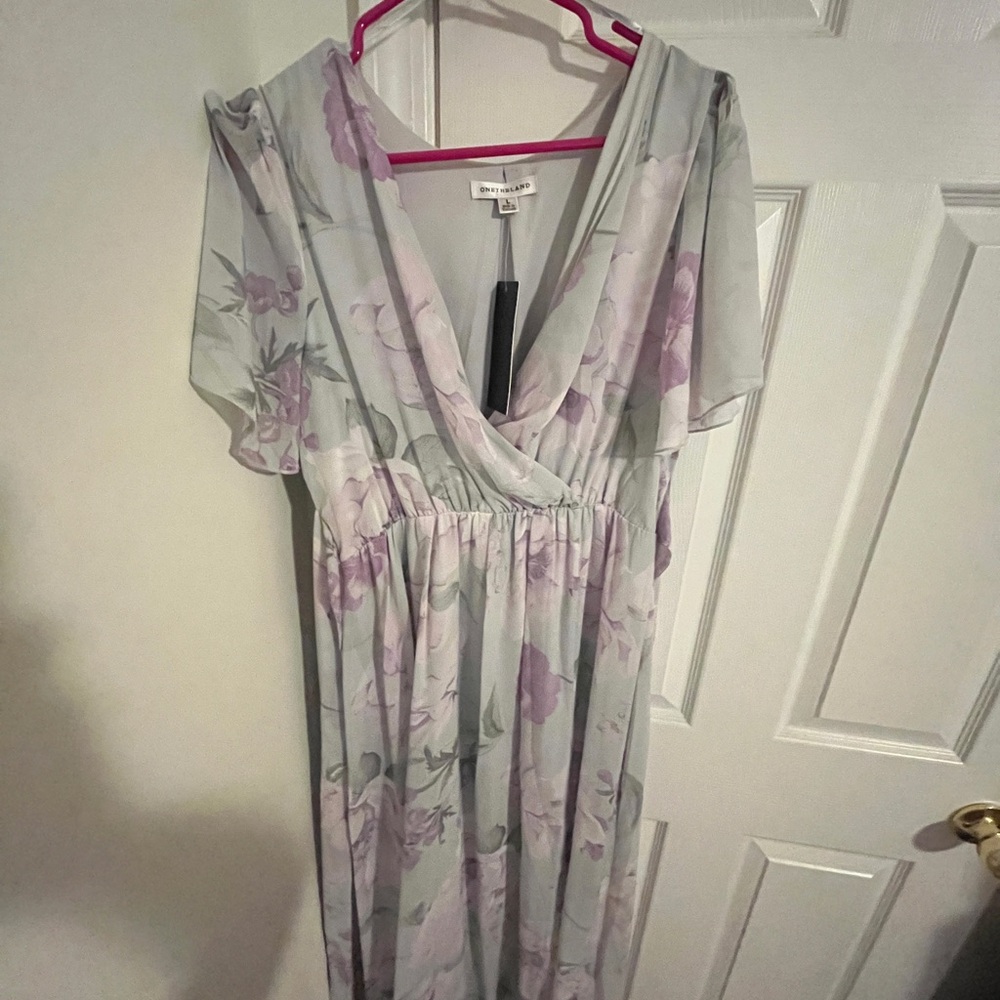 Maternity Gray and Lavender Maxi Sundress with Flutter Sleeves